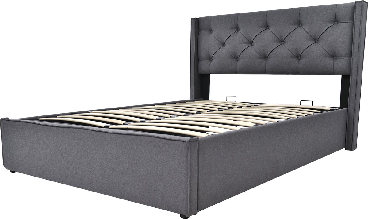 Hydraulisch tweepersoonsbed gestoffeerd bed 140x200cm, bed met lattenbodem van metalen frame, modern bedframe met opbergruimte, katoen, grijs