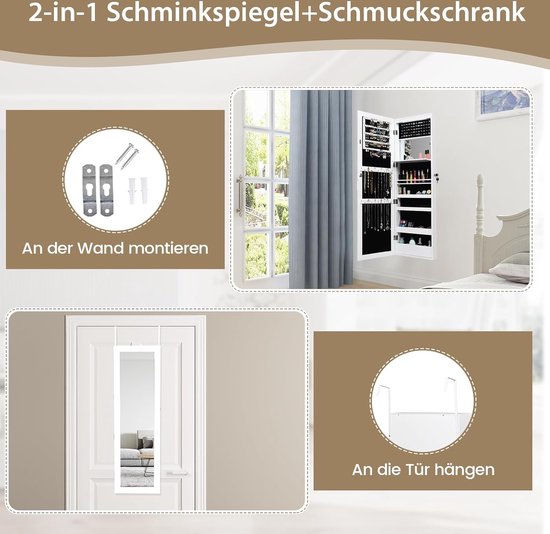 COSTWAY Sieradenkast met ledspiegel, sieradenrek afsluitbaar met sleutels, wandspiegel, spiegelkast hangend, sieradenopslag 120 x 35,5 x 10 cm (groen