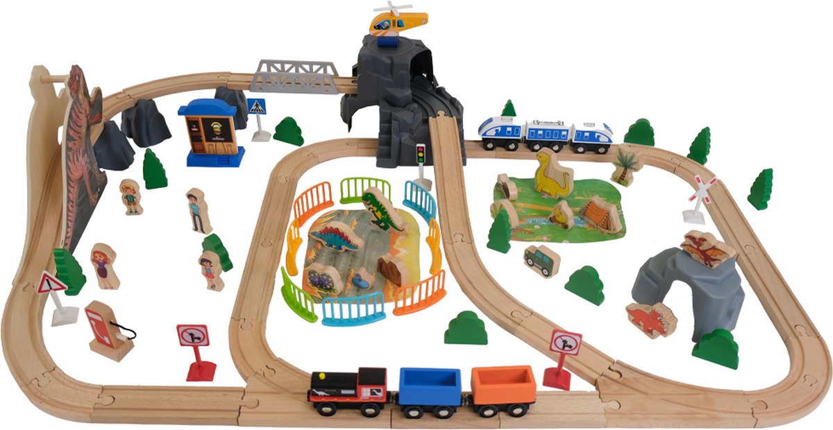 Bandits & Angels Houten Treinset Dinosaurus 90 delig vanaf 3 jaar voor Jongens en Meisjes - Trein Set van Hout voor Kinderen - Treinbaan met Accessoires - 90 delen — afbeelding 9