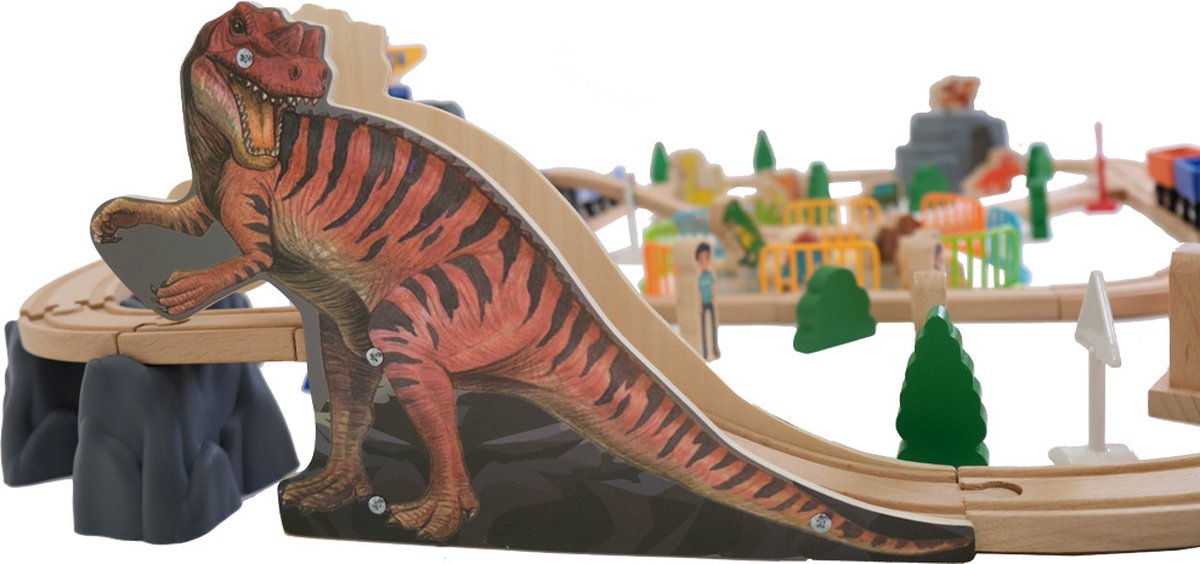 Bandits & Angels Houten Treinset Dinosaurus 90 delig vanaf 3 jaar voor Jongens en Meisjes - Trein Set van Hout voor Kinderen - Treinbaan met Accessoires - 90 delen — afbeelding 8