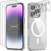 Podec Magsafe Hoesje Geschikt voor iPhone 14 Pro - Met 3x Screenprotector + 3x Cameraprotector - Magnetisch met Ring Doorzichtig - Telefoonhoesje Transparant Case