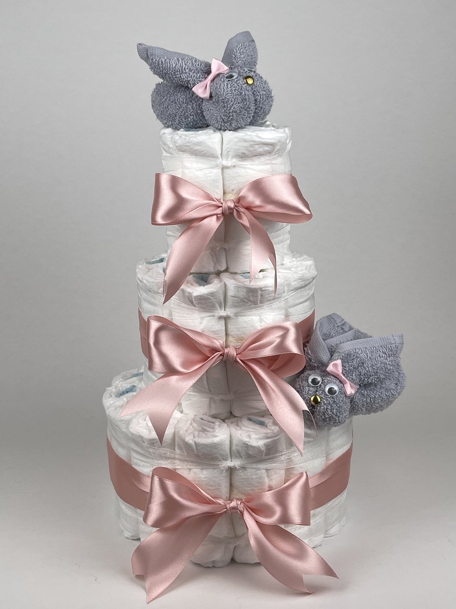 Goedkoopste Chouette-Chouette | Luiertaart Meisje | Kraamcadeau | Geboorte Meisje | Babyshower | Konijnen Grijs - donker Poeder Roze