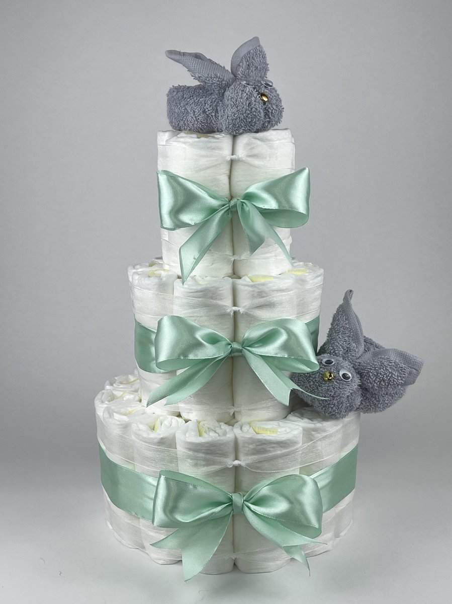 Goedkoopste Chouette-Chouette | Luiertaart Neutraal | Kraamcadeau | Geboorte Jongen Meisje | Babyshower | Konijnen Grijs - Groen