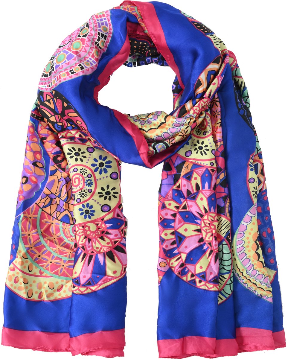 Nouka Blauwe & Roze Multicolor Dames Sjaal- Satijnen Gevoel - Warme & Lichte Sjaal – met Ronde Patronen– Alle Seizoenen - 70 x 180 cm