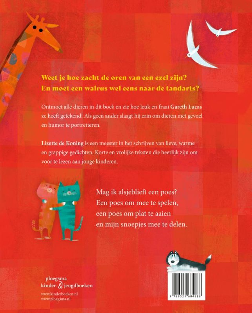 Achterkant van een kinderboek met illustraties van dieren en tekst.