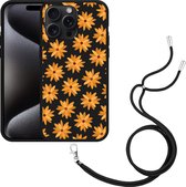 Cazy Hoesje met koord Zwart geschikt voor iPhone 15 Pro Max Oranje Bloemen