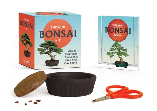 Le Mini Kit Bonsaï comprend un livre, un pot, des ciseaux et des graines pour cultiver votre propre bonsaï.