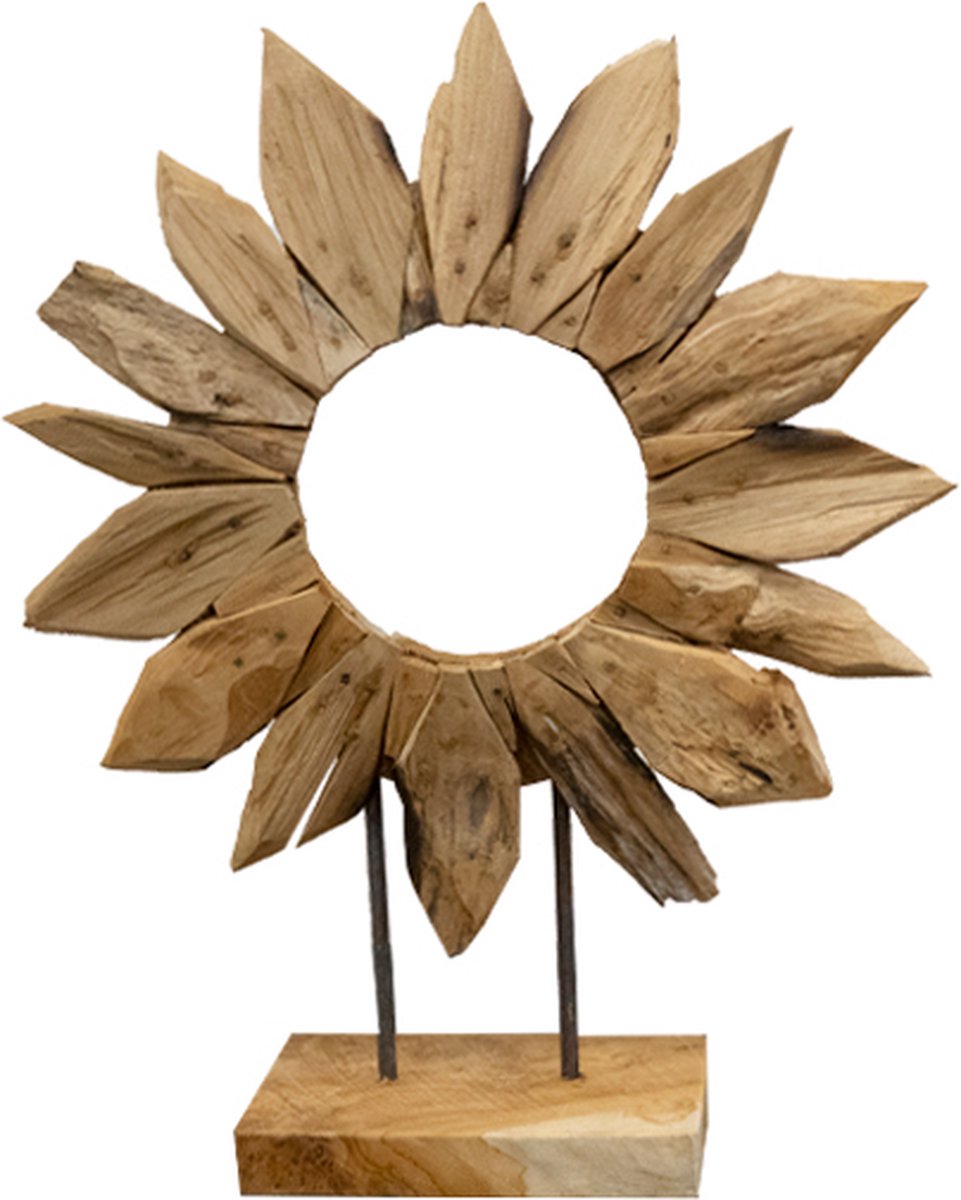 JoJo Living Woonaccessoires - Ornament - Teakhouten ornament Zonnebloem - Bloem open - M - Hoogte 50 cm - Handgemaakt