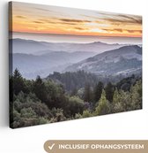 Toile Peinture Montagnes - Soleil - Forêt - Paysage - 60x40 cm - Décoration murale