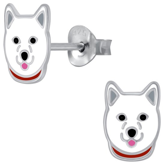 Joy|S - Zilveren hond oorbellen - wit met rode halsband