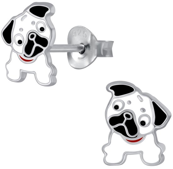 Joy|S - Zilveren hond oorbellen - wit met zwarte oren
