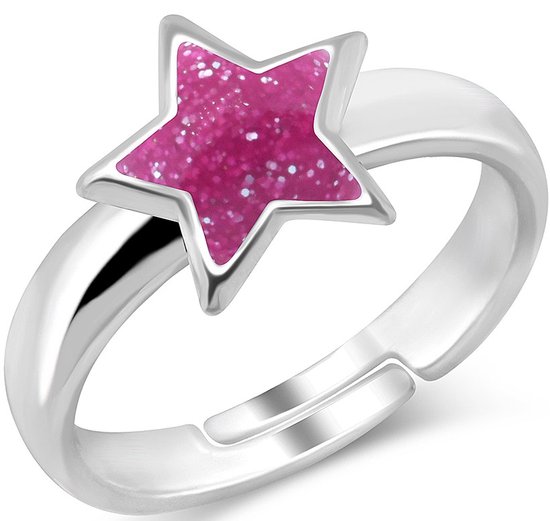 Joy|S - Zilveren ster ring verstelbaar - roze glitter - voor kinderen