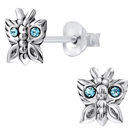 Joy|S - Zilveren vlinder oorbellen - geoxideerd - blauw kristal - 7 x 8 mm