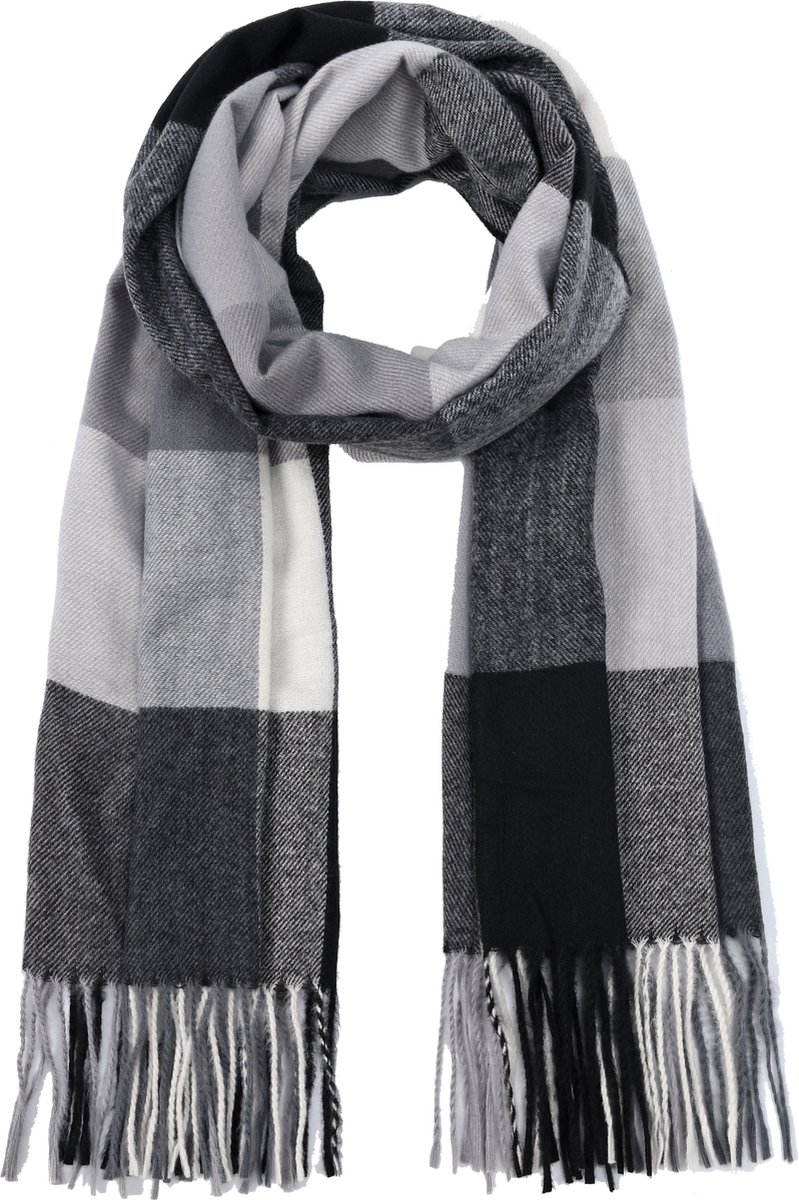 Nouka Zwart & Witte Dames Sjaal - Warme & Lichte Sjaal – Herfst / Winter – Geruit Patroon - met Franjes - 70 x 200 cm