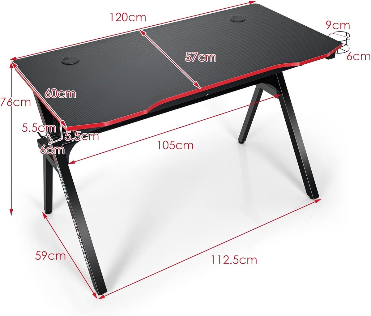 Bureau Gaming HLONONE 120x60x74cm - LED, Surface Fibre De Carbone, Noir