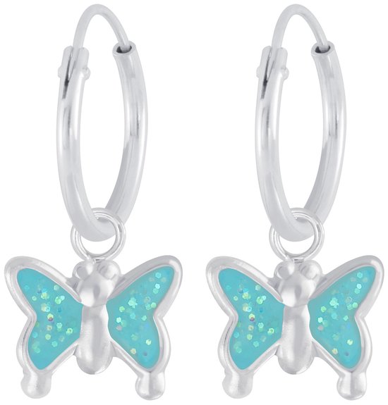 Joy|S - Zilveren vlinder bedel oorbellen - blauw glitter - oorringen