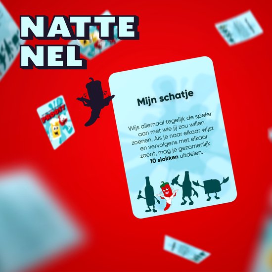 Spelkaart met de titel 'Mijn schatje'. Een peper met een glas en een flesje drinken.