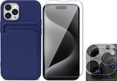 Hoesje Pasjeshouder geschikt voor iPhone 15 Pro Max - Screenprotector GlassGuard + Camera Lens Screen Protector - Siliconen Case Back Cover Blauw