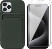 Hoesje Pasjeshouder geschikt voor iPhone 15 Pro Max - 2x Screenprotector GlassGuard - Siliconen Case Back Cover Groen & Screen Protector