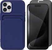 Hoesje Pasjeshouder geschikt voor iPhone 15 Pro Max - Privacy Screenprotector FullGuard - Siliconen Case Back Cover Blauw & Screen Protector