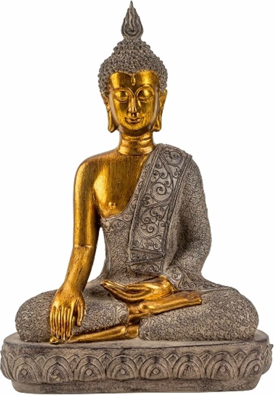 Boeddha beeldje zittend - binnen/buiten - kunststeen - betongrijs/goud - 27 x 39 cm - Relaxed