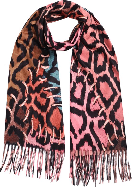 Nouka Roze Multicolor Dames Sjaal- Warme & Lichte Sjaal – met Panterprint en Touwprint – Herfst / Winter – met Franjes - 70 x 180 cm