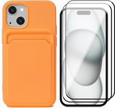 Hoesje Pasjeshouder geschikt voor iPhone 15 - 2x Screenprotector FullGuard - Siliconen Case Back Cover Oranje & Screen Protector
