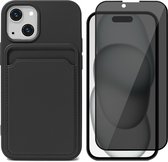 Hoesje Pasjeshouder geschikt voor iPhone 15 Plus - Privacy Screenprotector FullGuard - Siliconen Case Back Cover Zwart & Screen Protector