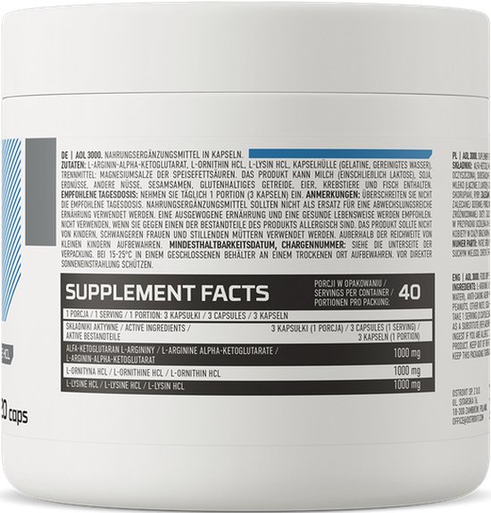 Witte pot met OstroVit AOL 3000, 120 capsules. Achterkant toont supplement informatie in het Nederlands, Engels en Pools.