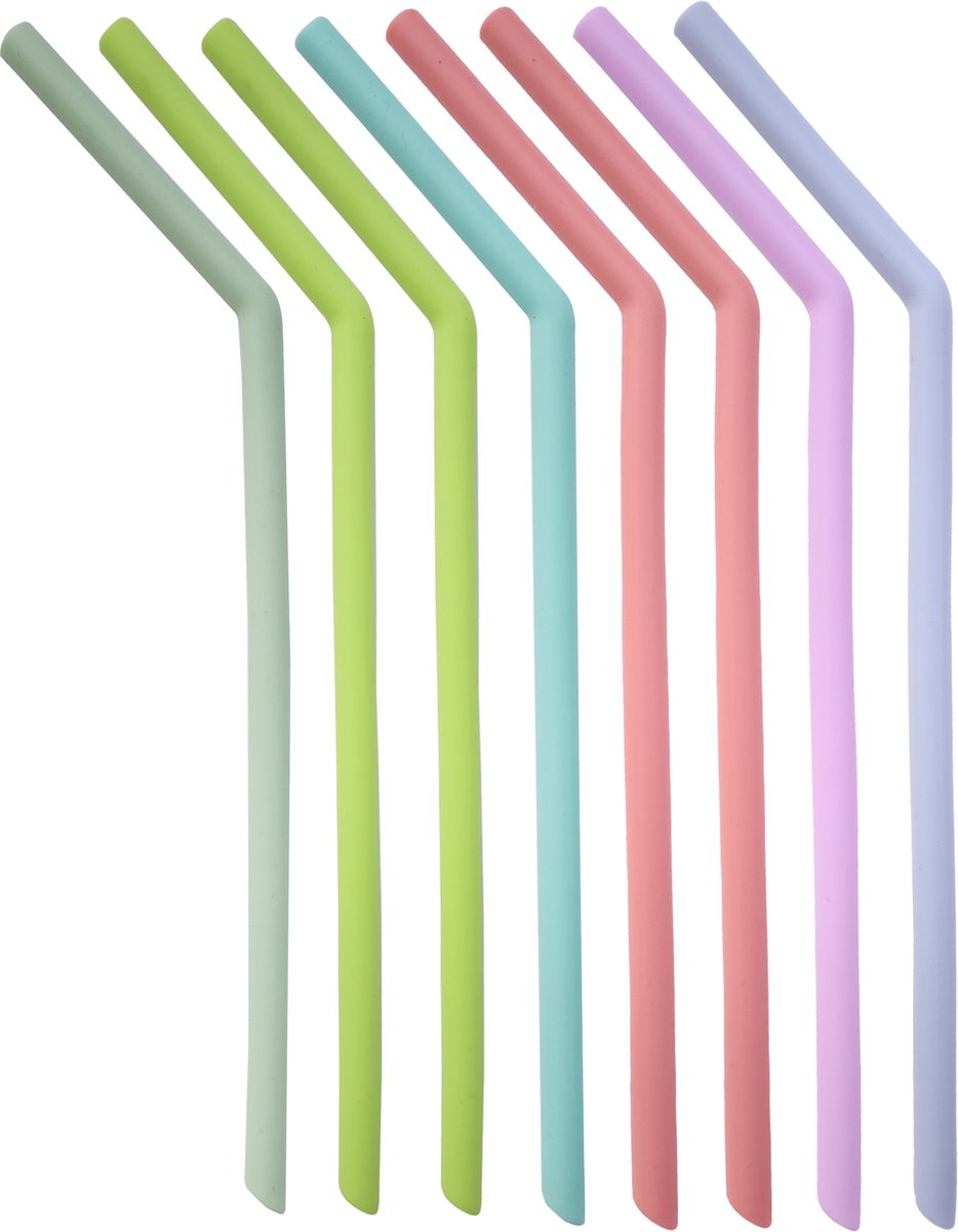 Siliconen rietjes gebogen - Cocktail Rietjes - Tasteables - Set van 8 - Duurzaam - Herbruikbaar - Reinigingsborstel - Natuurlijk materiaal - 200mm lengte - Gemixte kleuren — cadeau in Koken & Dineren - foto 2