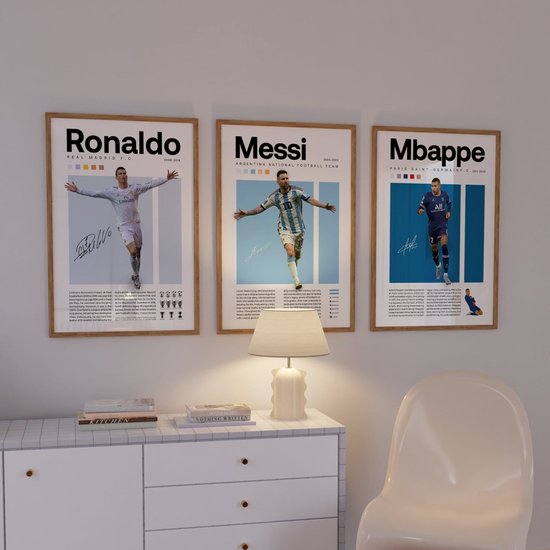 Voetbal Poster Set - 3 stuks - 30x40 cm - Mbappe - Ronaldo - Messi - Tienerkamer - Wanddecoratie - Muurdecoratie