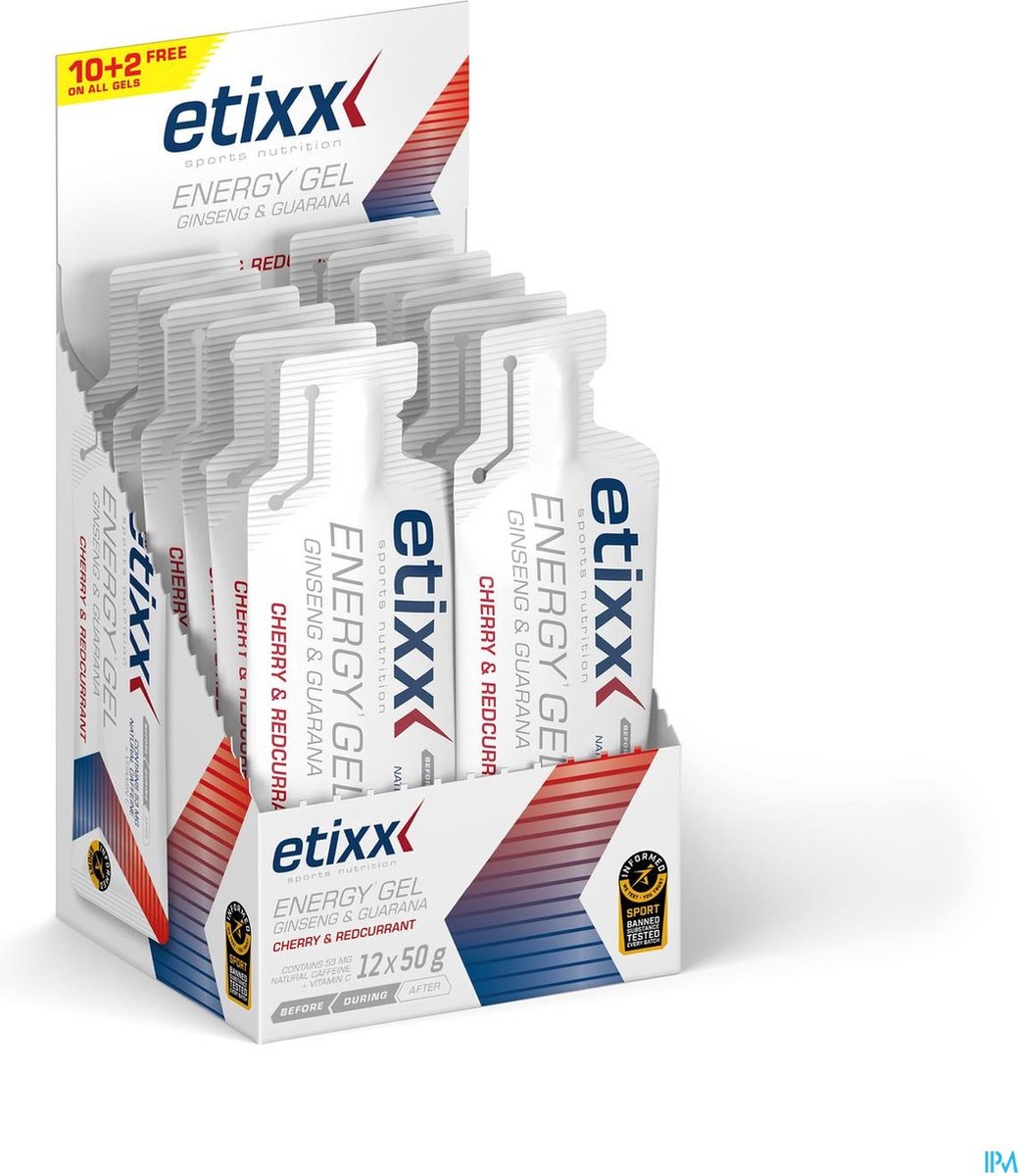 Goedkoopste Etixx Ginseng & Guarana Energy Gel Red Fruits - Sports Nutrition - Energy Gel - 12X50 gram - Koolhydraatrijk - Bevat Cafeïne - Tri-fasesuikermengsel - Snelle Opname