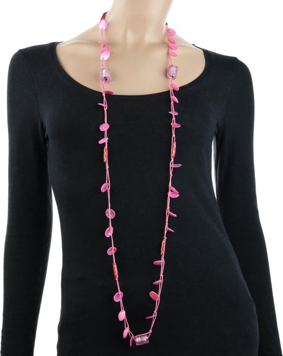 Behave Lange roze ketting van touw met schelpen en glaskralen - Behave