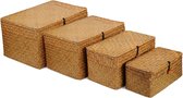 Rattan Basket Seagrass Storage Basket, Natural Braided Basket with Lid, Rectangular Wicker Basket Storage Box, Set of 4