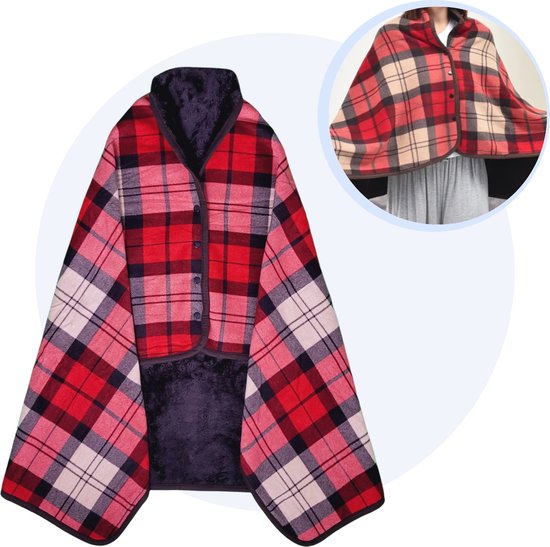 Hilvard Fleece Deken - Deken met mouwen - Fleece sjaal - Fleece plaid - Multifunctioneel - 135x80 cm - Unisex - Rood patroon