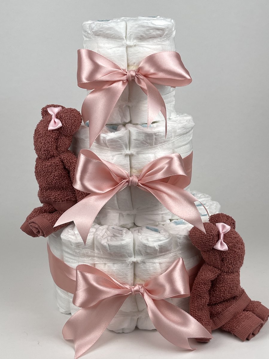 Chouette-Chouette | Luiertaart Meisje | Kraamcadeau | Geboorte Meisje | Babyshower | Beren Koper - donker Poeder Roze