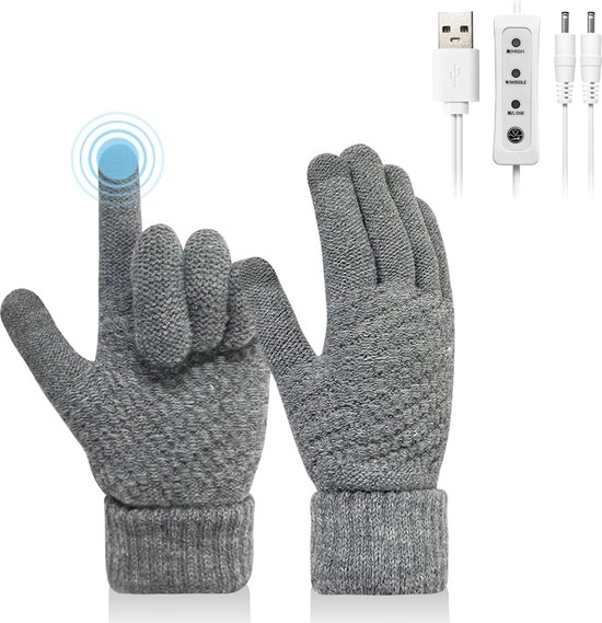 Foto: Edmondo usb verwarmde handschoenen 2 heat elementen onder boven mannen vrouwen volledige vinger gebreide verwarmingshandschoenen verstelbare temperatuur verwarming wanten handen warmer wasbaar winter cadeau kleur licht grijs