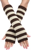 Lange polswarmers Bruin/Beige gestreept - Vingerloze handschoenen dames - Gothic Armwarmers