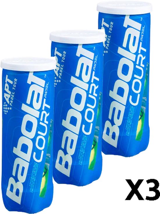 Drie blauwe blikken Babolat Court padelballen met witte deksels. Tekst: Babolat COURT PADEL TOUR.