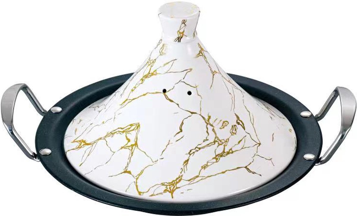 Royal Swiss Kook tajine 32 cm wit&gold geschikt ook voor Inductie porseleinen deksel