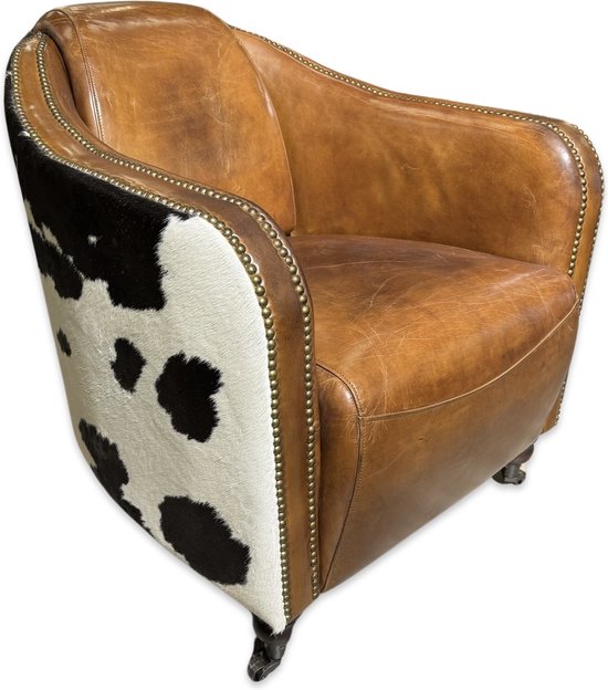 Koeienhuid fauteuil club chesterfield Vintage Cognac leer 100% Cowhide Aviator stoel