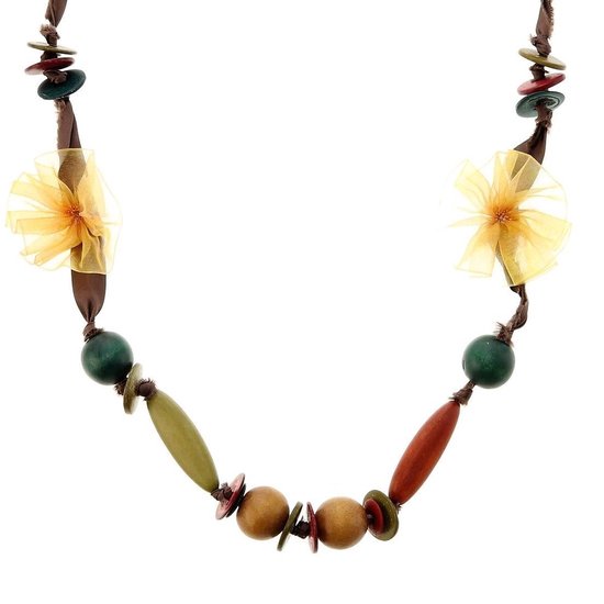 Behave Collier long ruban avec perles en bois multicolores