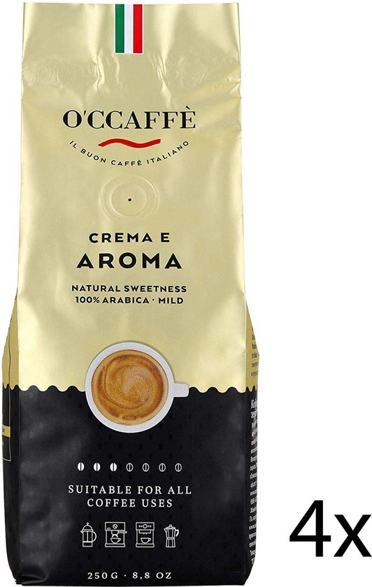 O'ccaffè - Crema e Aroma Premium Italiaanse koffiebonen 100% Arabica | 4x 250g | Barista kwaliteit