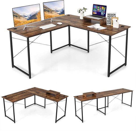 L-vormige computertafel voor 2 personen, bureau met monitorstandaard, kabelgaten, ijzeren buisframe, verstelbaar voetkussen, hoekbureau voor werkkamer, slaapkamer, kantoor (bruin)