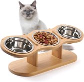 Cat Feeding Station, 3 Bowls, Raised Cat Bowl, Set of 3, Height Adjustable, Feeding Bowl with Wooden Stand, Stainless Steel Bowls for Water Food, Feeding Bowl for Cats, Small Dogs
