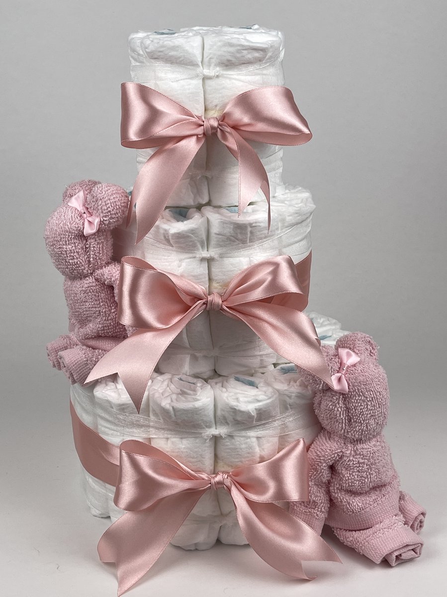 Chouette-Chouette | Luiertaart Meisje | Kraamcadeau | Geboorte Meisje | Babyshower | Beren Roze - donker Poeder Roze