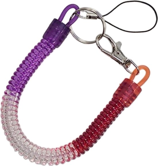 Fako Bijoux® - Uittrekbare Sleutelhanger Spiraal - Uittrekbaar - Verend - 24cm - Rood/Wit/Paars