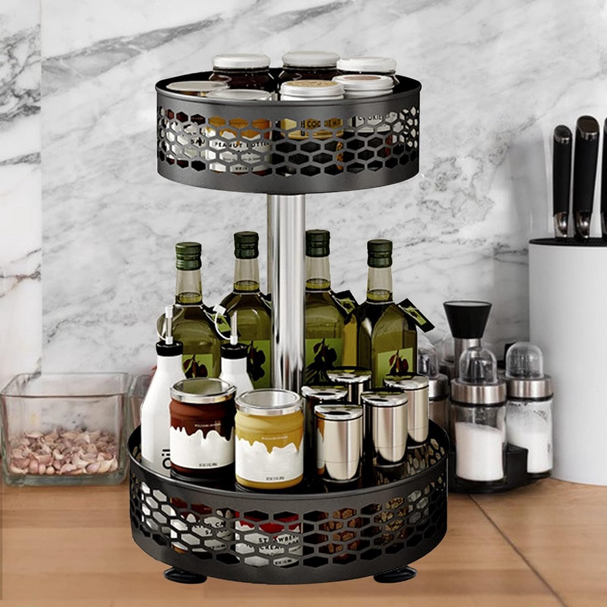 Kruidenrek, 360° draaibare keukenorganizer, draaiplateau koelkastorganizer, draaitafel, organizer, roestvrij staal, kruidenrek, draaibaar voor keuken, koelkast, werkblad, kast (2 dieren)