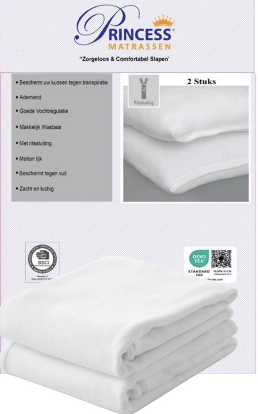 Hotel Kwaliteit - Extra Zacht-Molton Kussenbeschermer- Antibacteriëel-Anti allergie-Kussenslopen-60x60cm-Set van 2 Stuks- Met rits -Wit