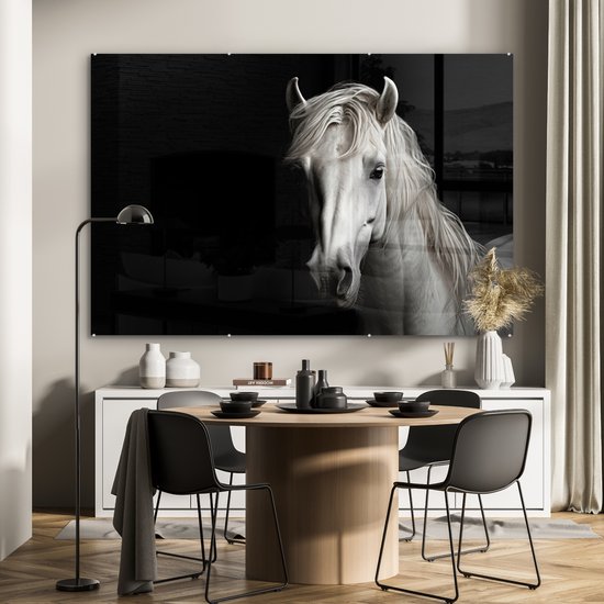 MuchoWow® Peinture sur verre 180x120 cm - Peinture sur verre - Cheval - Portrait - Zwart - Wit - Animal - Photo sur verre acrylique - Peintures
